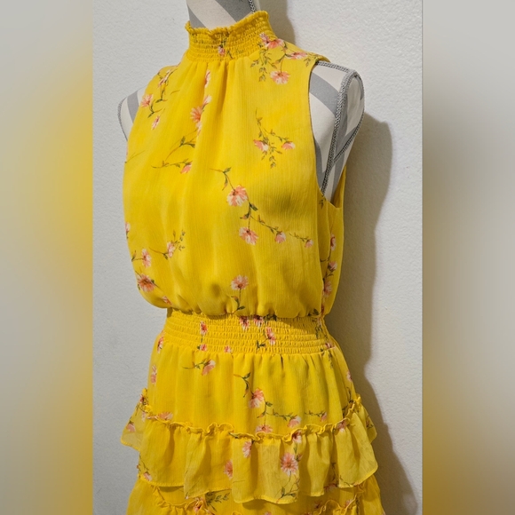 MSK Floral Mini Dress Tiered Ruffle Yellow Pink Size Petite Large - Picture 6 of 16